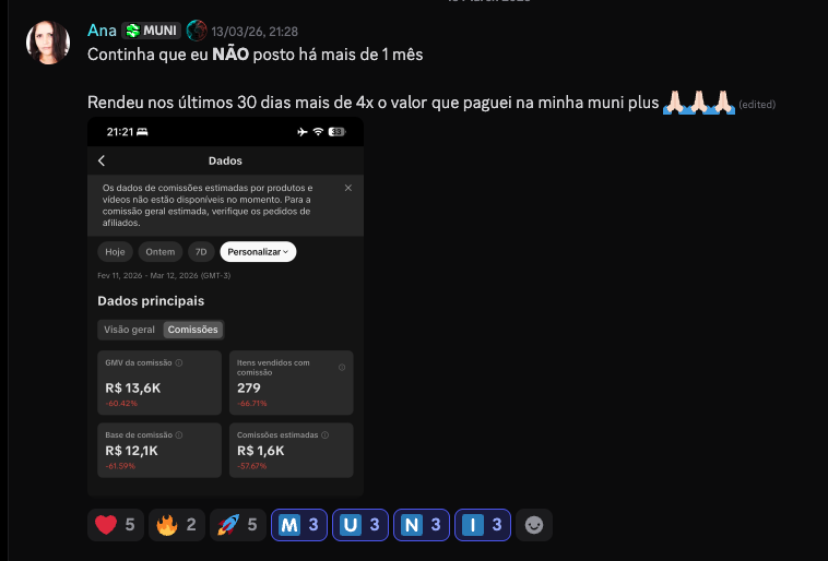 Ana · R$ 13,6K GMV · R$ 1,6K comissão · rendeu 4x sem postar há mais de 1 mês · março 2026