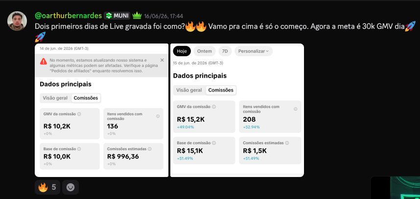 Arthur Bernardes · R$ 15,2K GMV · R$ 1,5K comissão · primeiros dias de live gravada · junho 2026