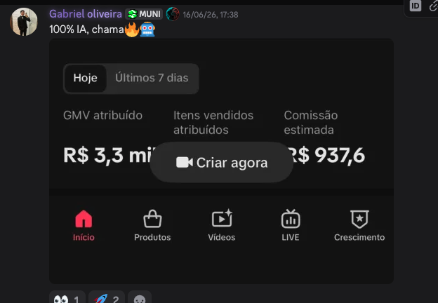 Gabriel Oliveira · R$ 3,3 mil GMV · R$ 937,60 comissão · 100% IA · junho 2026