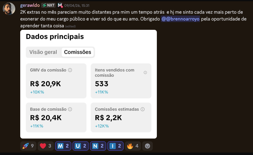 gerawldo · R$ 20,9K GMV · R$ 2,2K comissão · perto de exonerar o cargo público · abril 2026