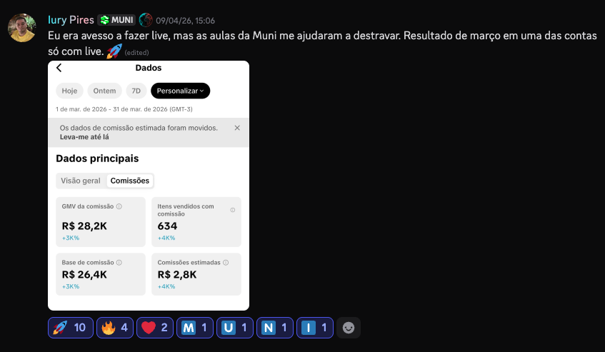 Iury Pires · R$ 28,2K GMV · R$ 2,8K comissão · avesso a live, destravou · março 2026