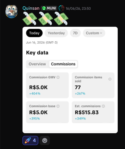 Quinsan · R$ 5,0K GMV · R$ 515,83 comissão · junho 2026