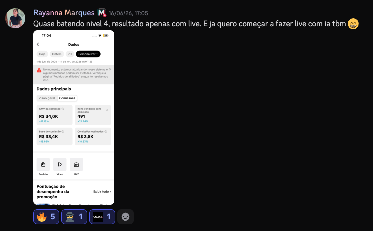 Rayanna Marques · R$ 34,0K GMV · R$ 3,5K comissão · só com live · junho 2026