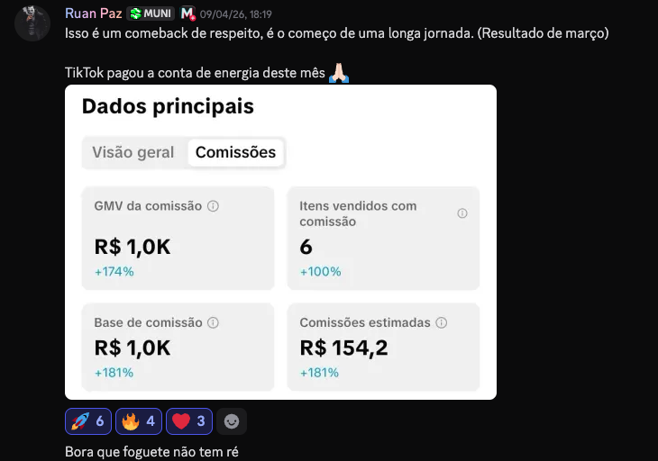 Ruan Paz · R$ 1,0K GMV · comeback, TikTok pagou a conta de energia · março 2026