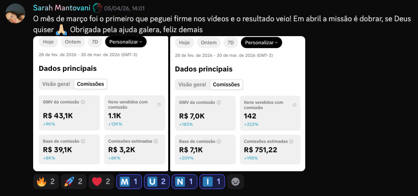 Sarah Mantovani · R$ 43,1K GMV · R$ 3,2K comissão · 1º mês pegando firme nos vídeos · março 2026