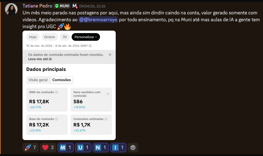 Tatiane Pedro · R$ 17,8K GMV · R$ 1,7K comissão · mês meio parado, dindin caindo · março a abril 2026