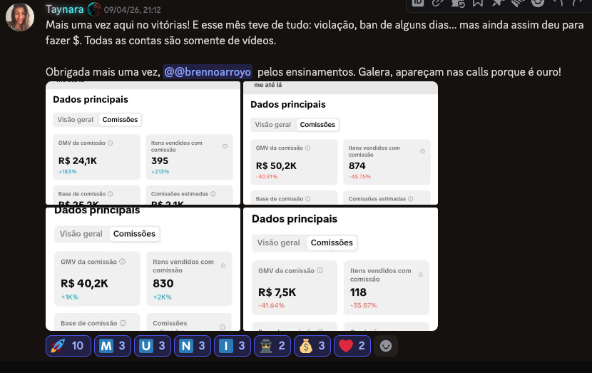Taynara · R$ 50,2K GMV · várias contas só com vídeos · abril 2026